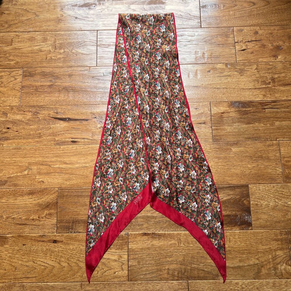 Club 7 Echo Red Multicolor Floral Silk Scarf Vintage 6" x 65"